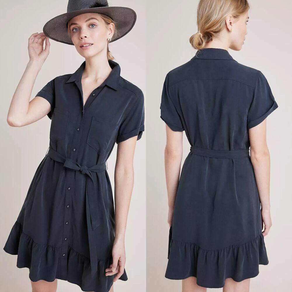 PAIGE Navy Short-Sleeve Shirt Dress with Waist Tie